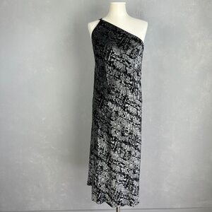 Jaeger size 12 midi shift dress burnout velvet black gray silk one shoulder NEW